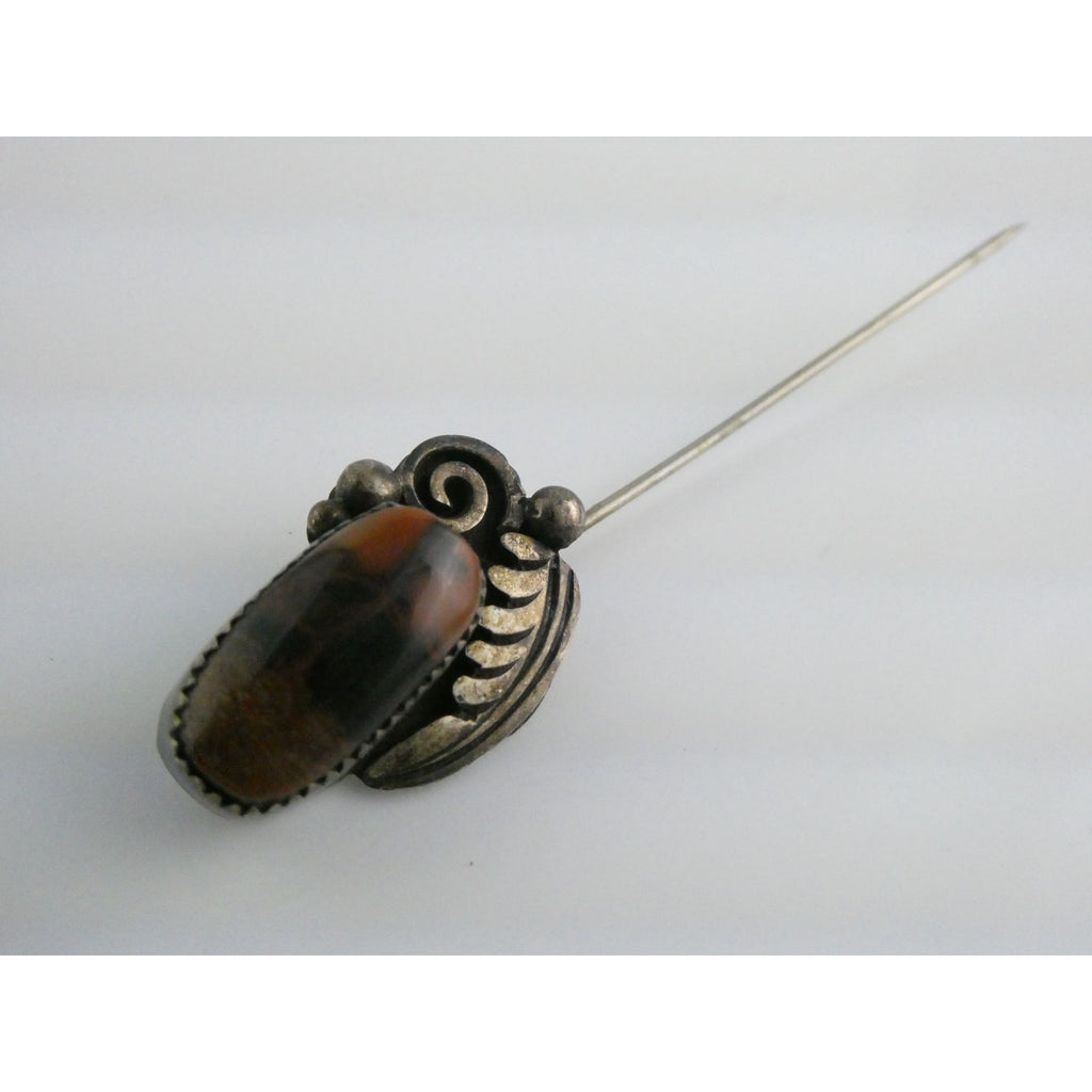 Tom or Julius Ahasteen NA Navajo Sterling Silver Agate Stick Pin 4.2g 2.75 Inch