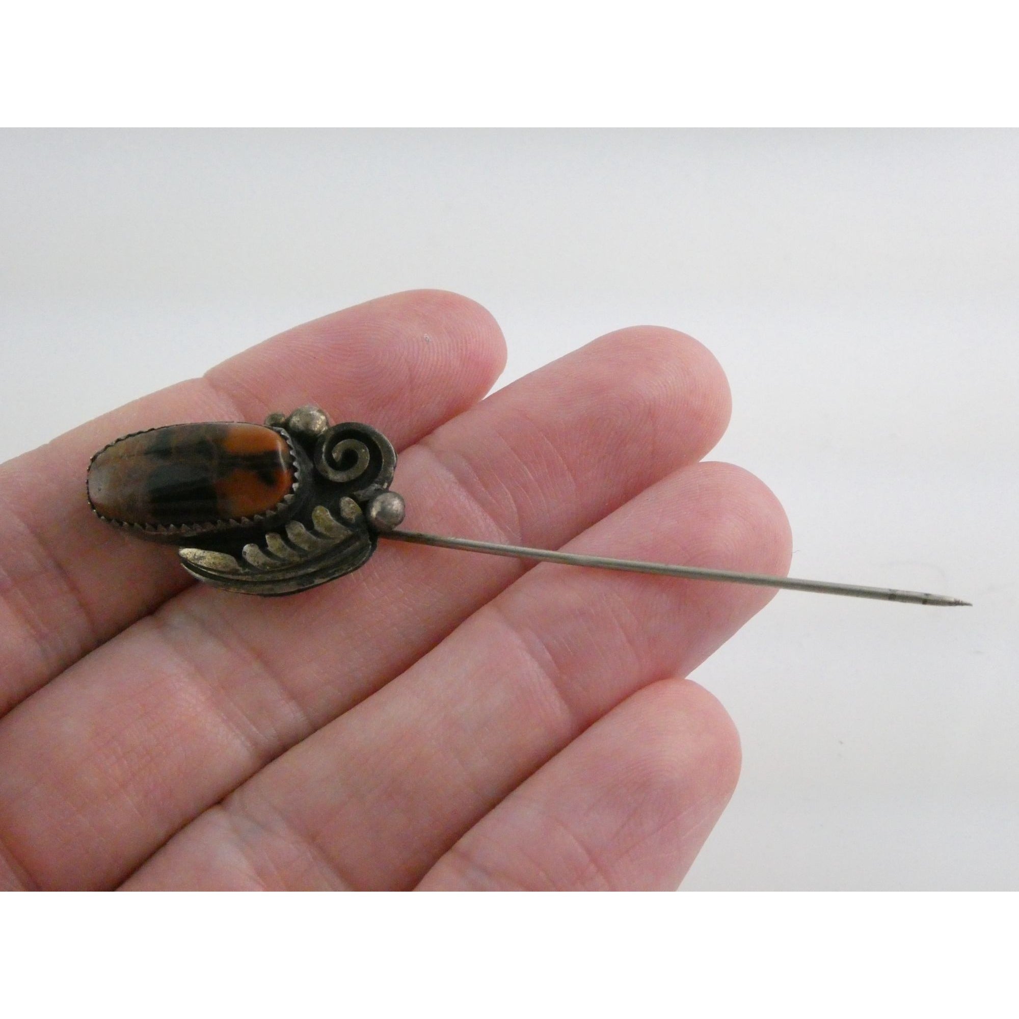 Tom or Julius Ahasteen NA Navajo Sterling Silver Agate Stick Pin 4.2g 2.75 Inch