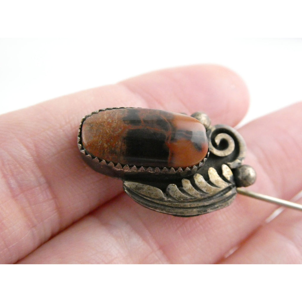 Tom or Julius Ahasteen NA Navajo Sterling Silver Agate Stick Pin 4.2g 2.75 Inch