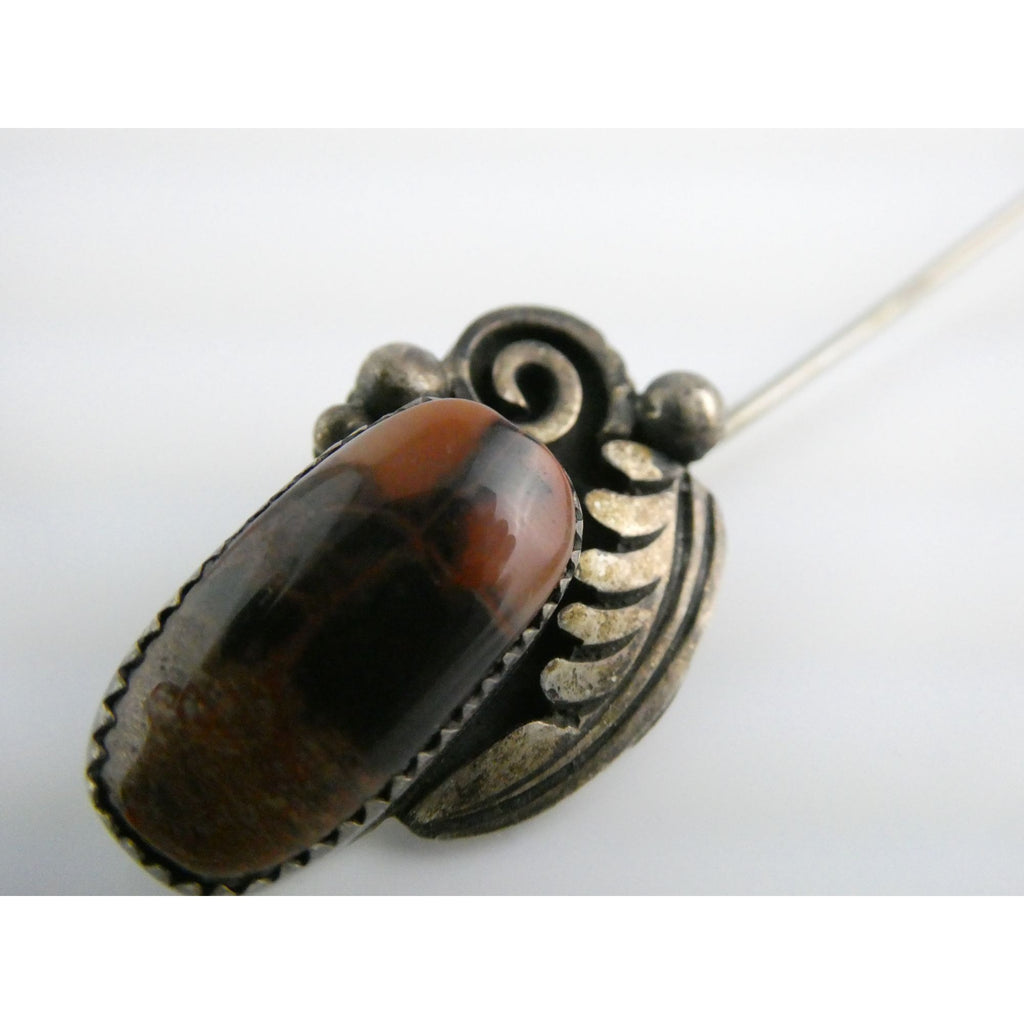 Tom or Julius Ahasteen NA Navajo Sterling Silver Agate Stick Pin 4.2g 2.75 Inch