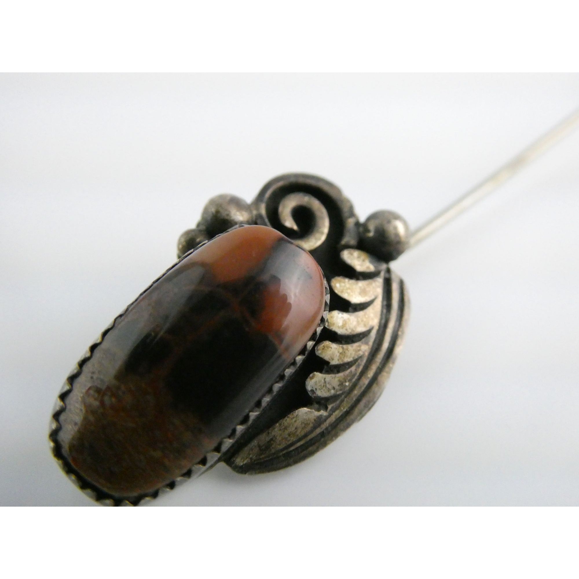 Tom or Julius Ahasteen NA Navajo Sterling Silver Agate Stick Pin 4.2g 2.75 Inch