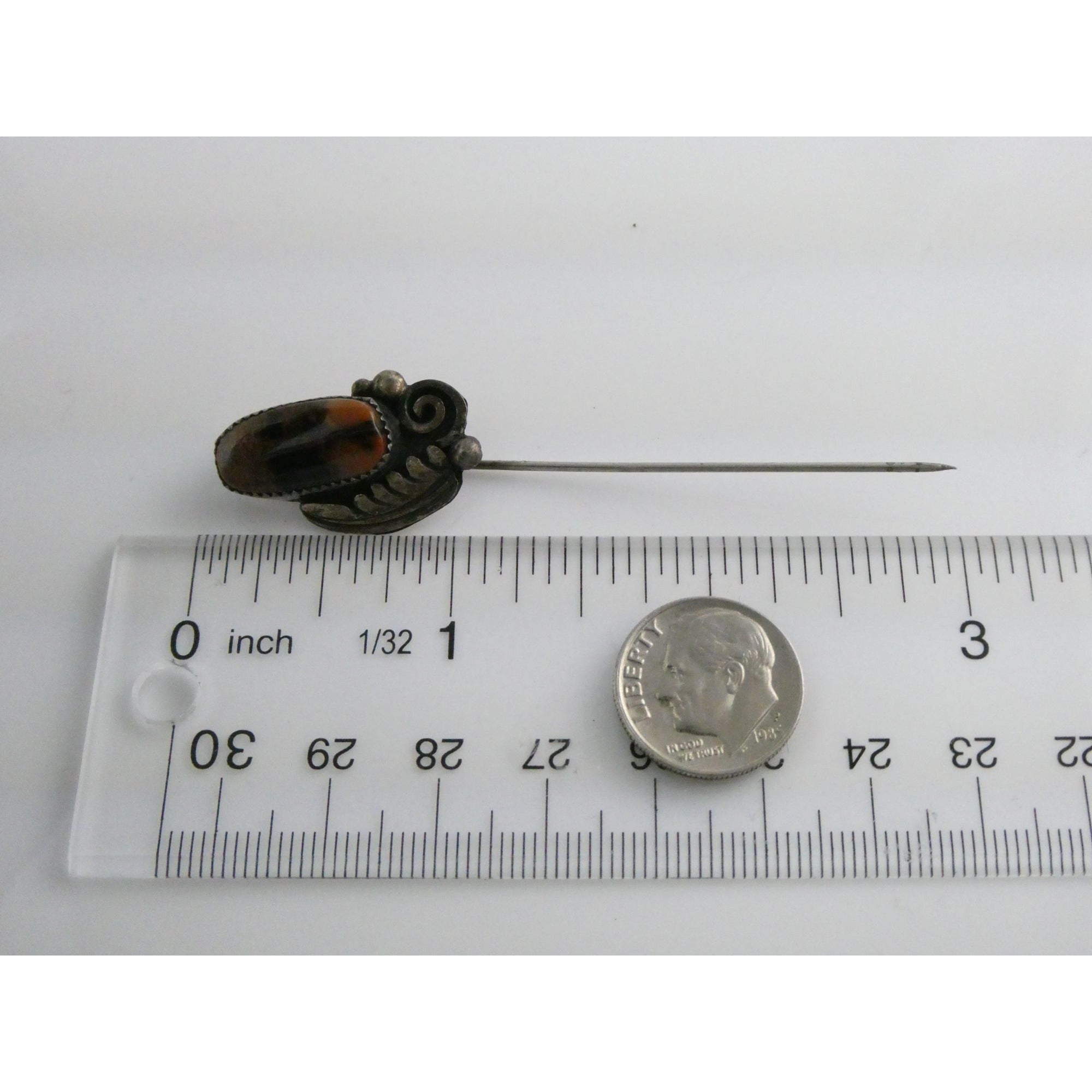 Tom or Julius Ahasteen NA Navajo Sterling Silver Agate Stick Pin 4.2g 2.75 Inch