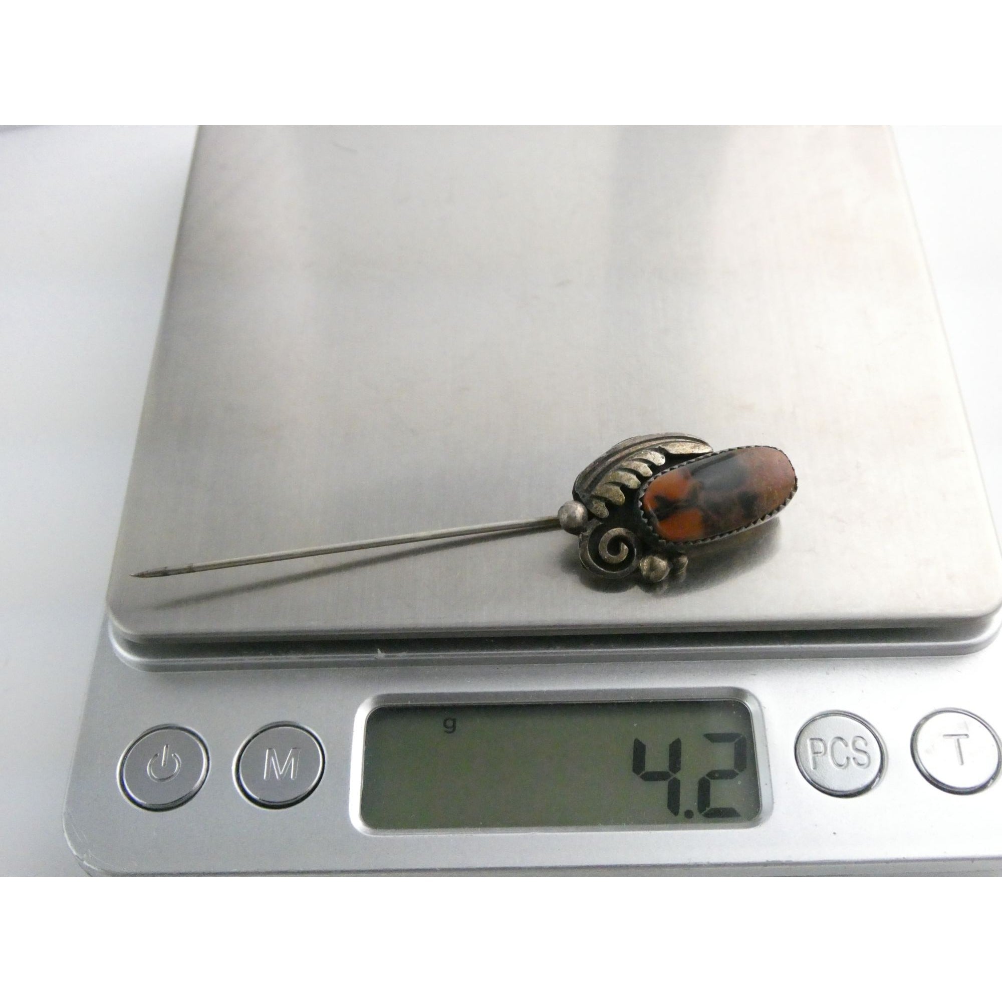 Tom or Julius Ahasteen NA Navajo Sterling Silver Agate Stick Pin 4.2g 2.75 Inch