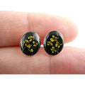 Vintage Sterling Silver Tiny Four Leaf Clovers Under Resin Oval Stud Earrings