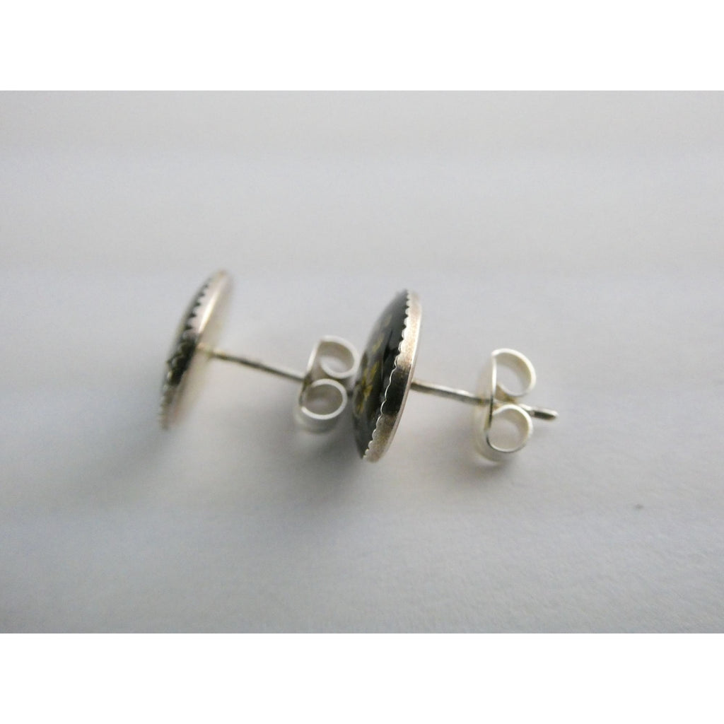 Vintage Sterling Silver Tiny Four Leaf Clovers Under Resin Oval Stud Earrings