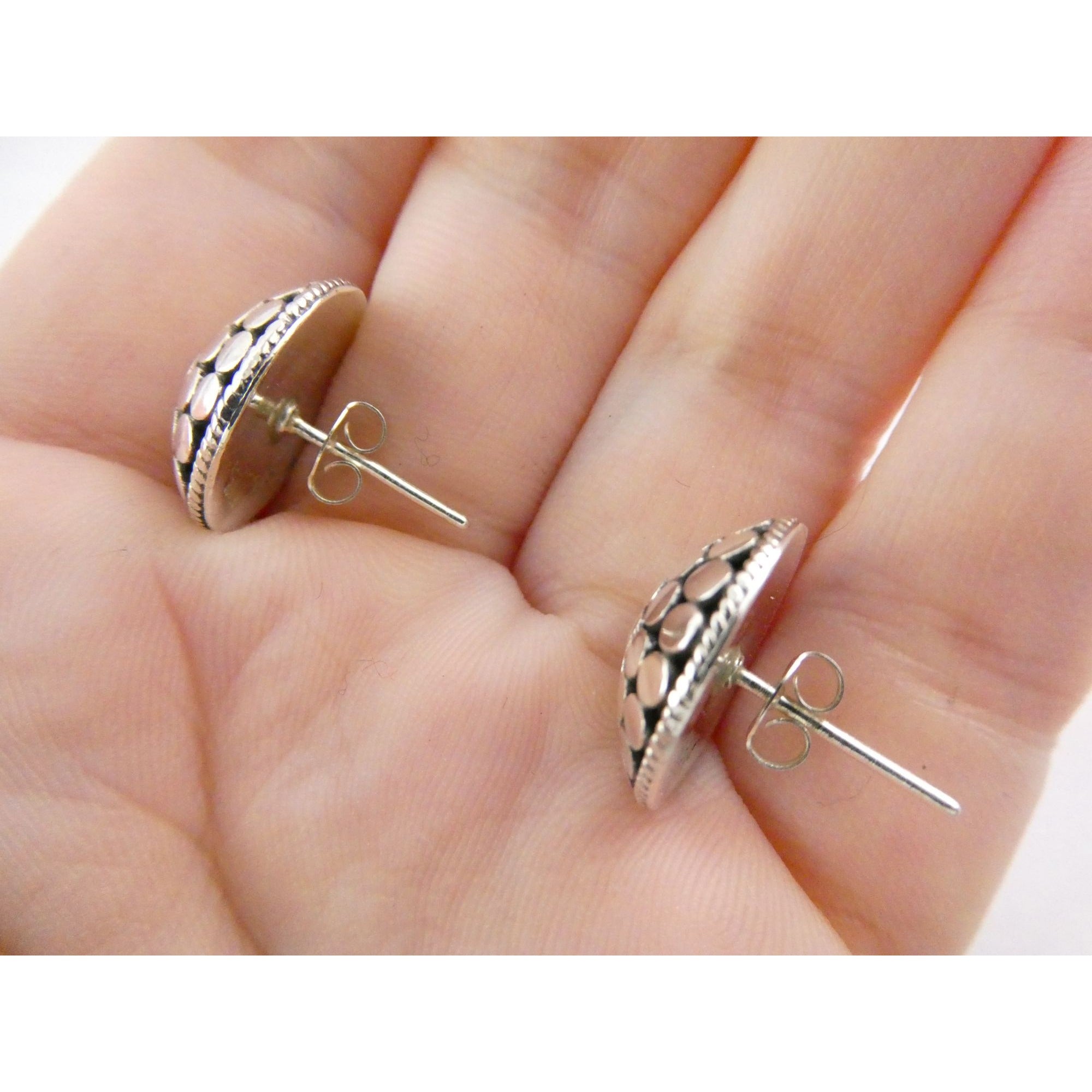 ATI Sterling Silver Dot Design Pebbled Stud Earrings 925 6.7g 16mm Diameter