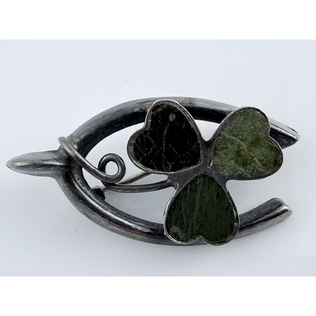Vintage Sterling Silver Connemara Marble Shamrock Lucky Wishbone Pin 2.6g 1.25In