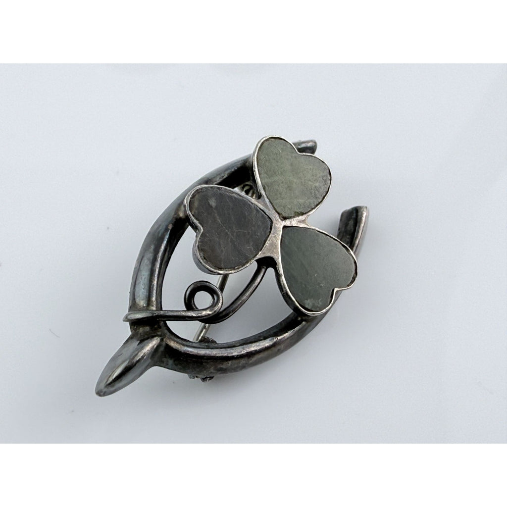 Vintage Sterling Silver Connemara Marble Shamrock Lucky Wishbone Pin 2.6g 1.25In