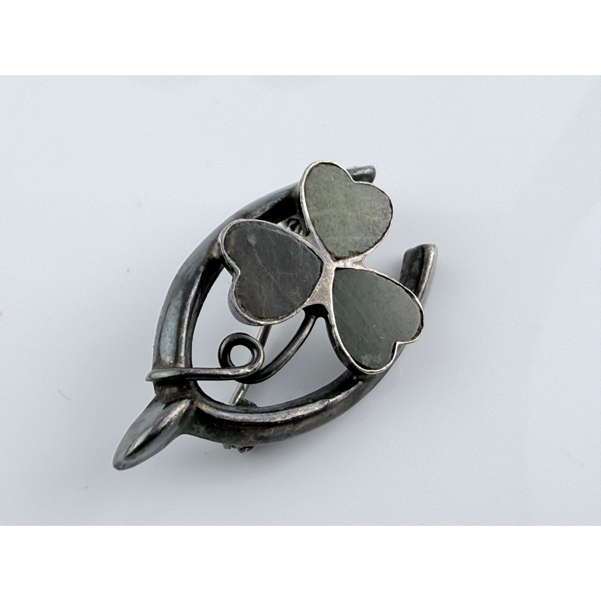 Vintage Sterling Silver Connemara Marble Shamrock Lucky Wishbone Pin 2.6g 1.25In