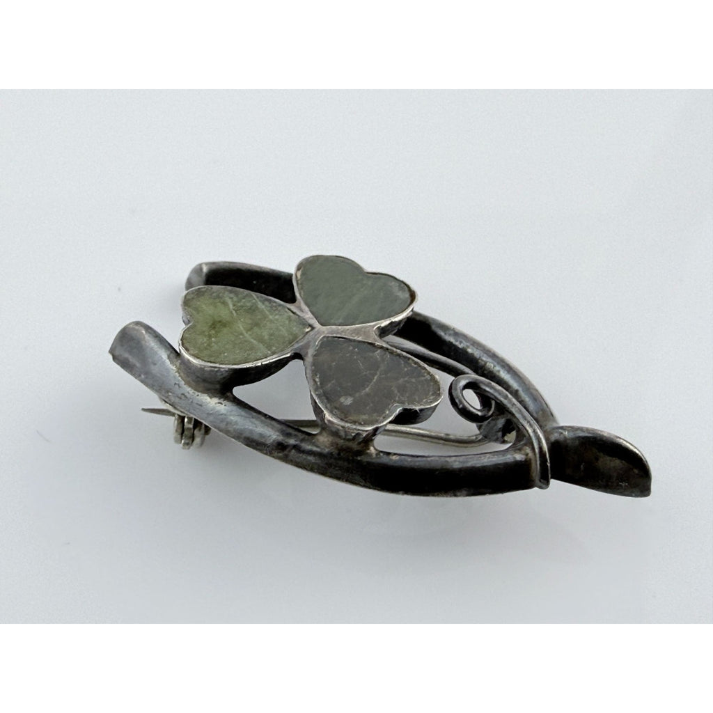 Vintage Sterling Silver Connemara Marble Shamrock Lucky Wishbone Pin 2.6g 1.25In