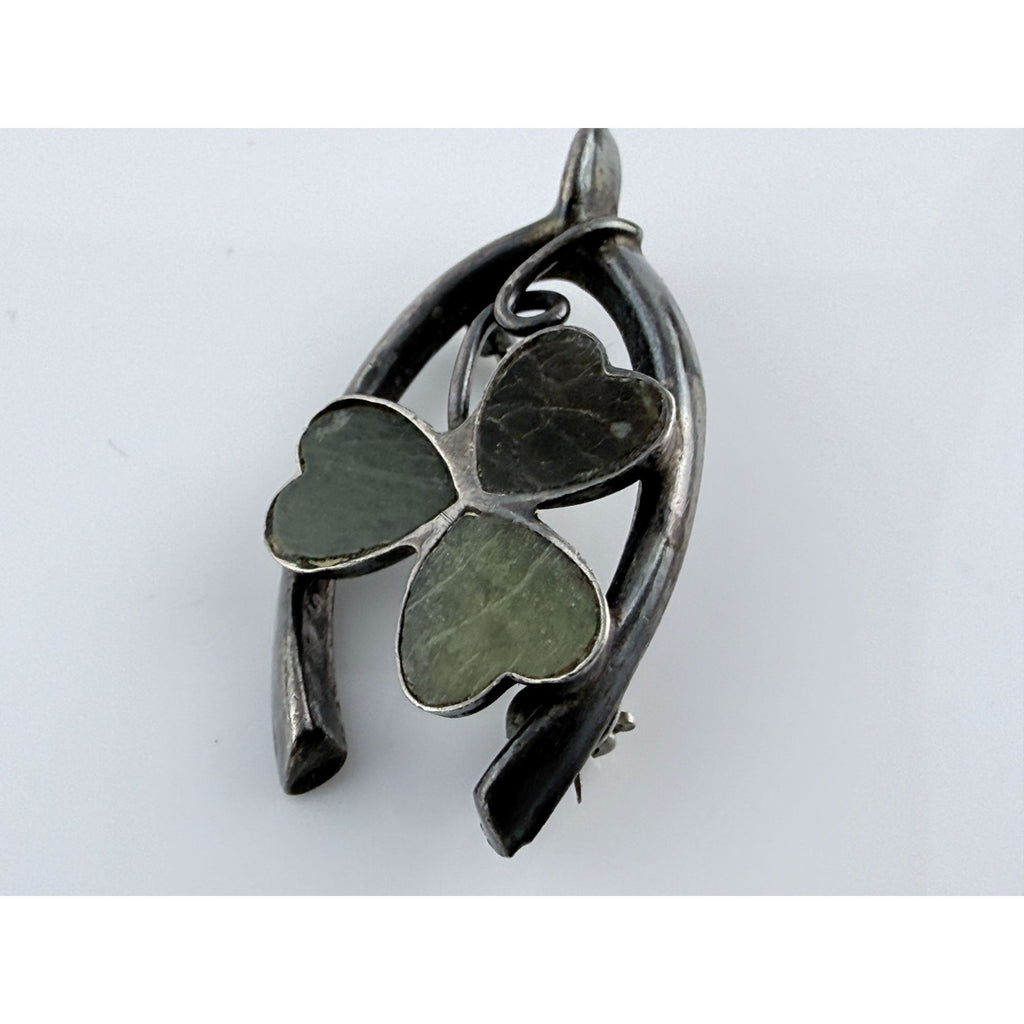 Vintage Sterling Silver Connemara Marble Shamrock Lucky Wishbone Pin 2.6g 1.25In