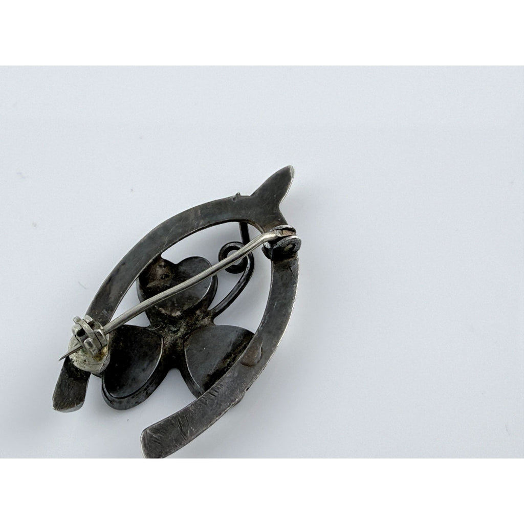 Vintage Sterling Silver Connemara Marble Shamrock Lucky Wishbone Pin 2.6g 1.25In