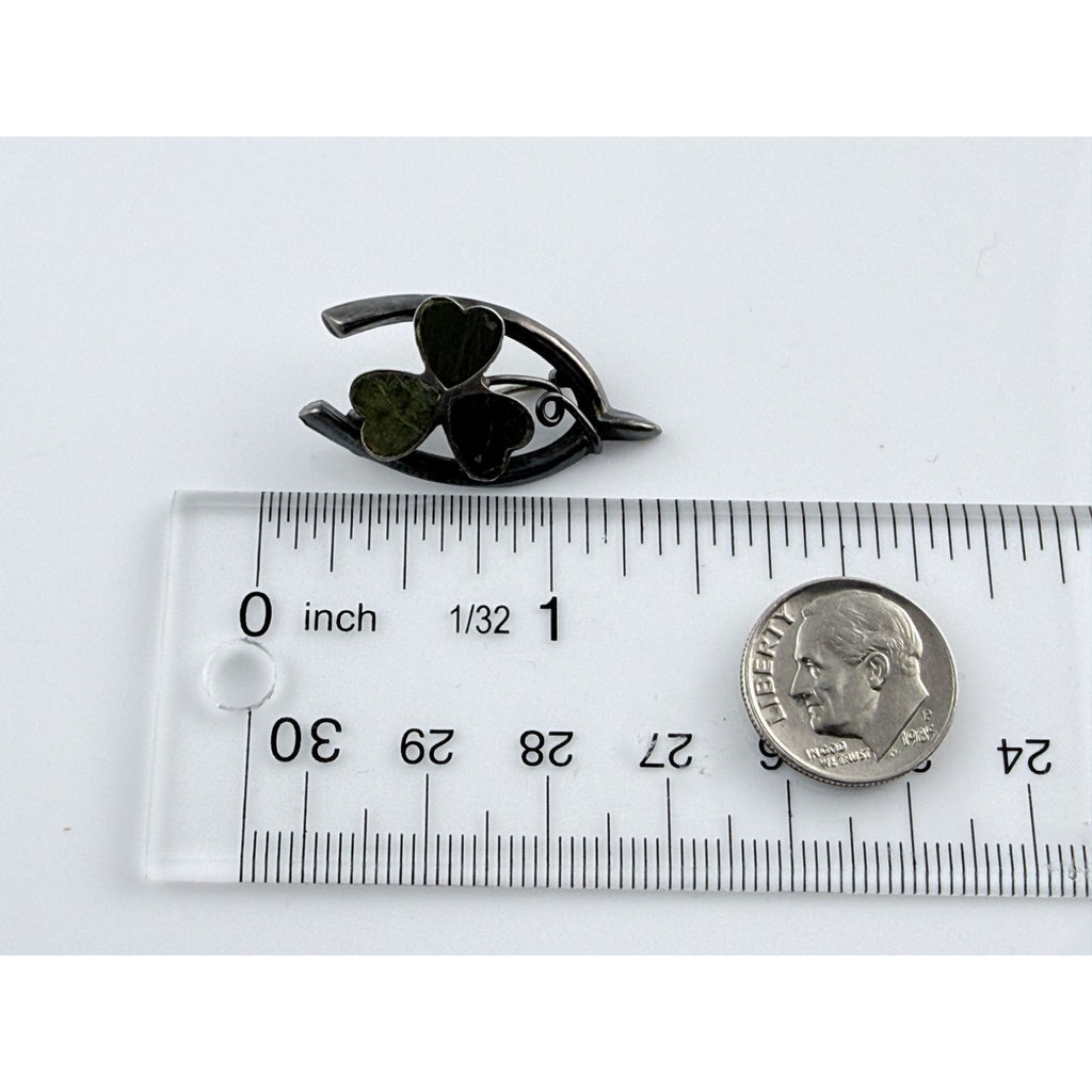 Vintage Sterling Silver Connemara Marble Shamrock Lucky Wishbone Pin 2.6g 1.25In