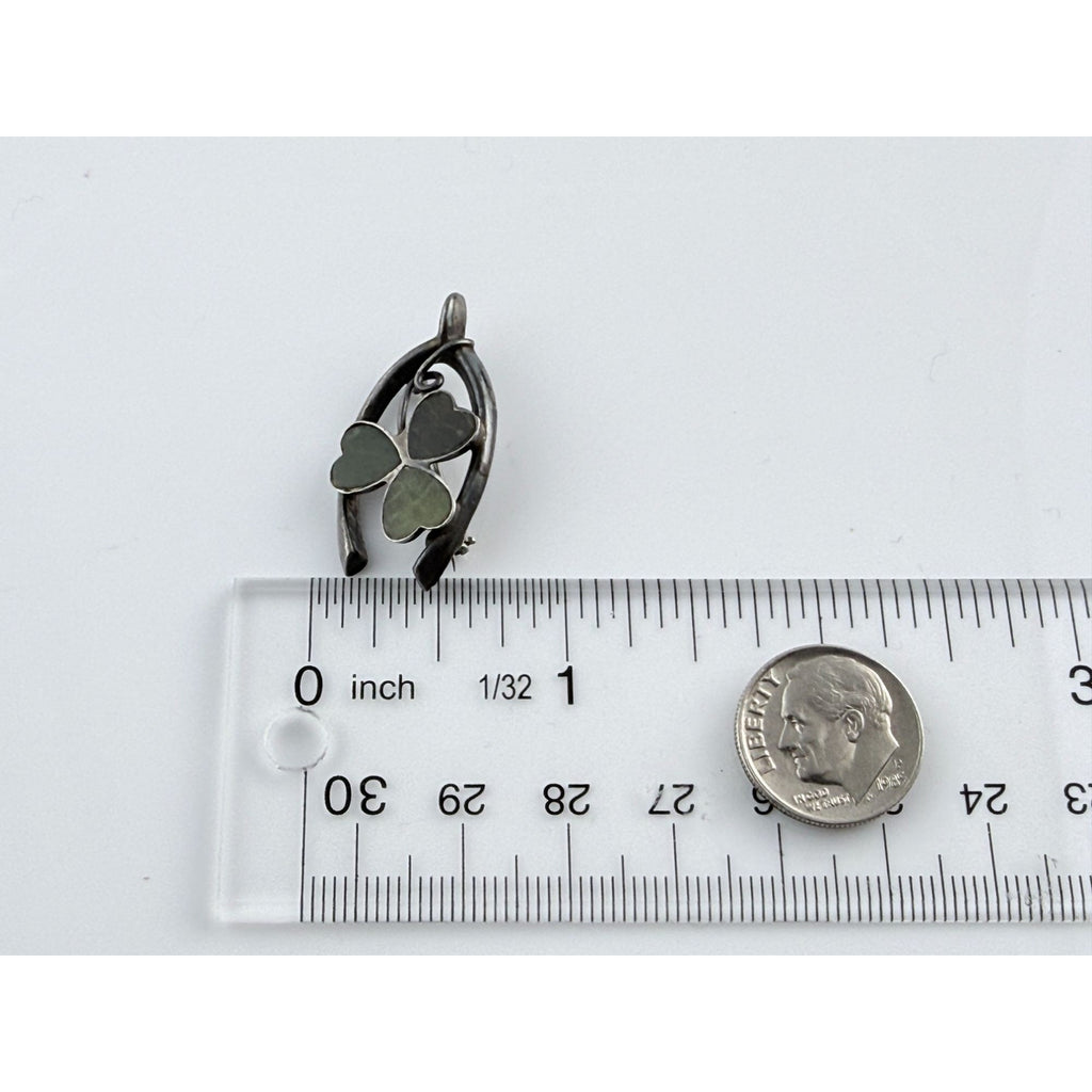 Vintage Sterling Silver Connemara Marble Shamrock Lucky Wishbone Pin 2.6g 1.25In