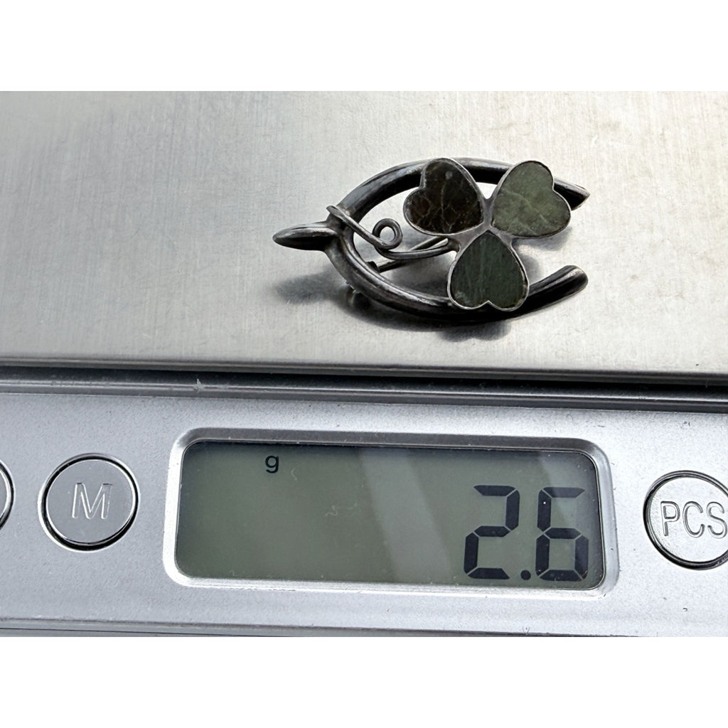 Vintage Sterling Silver Connemara Marble Shamrock Lucky Wishbone Pin 2.6g 1.25In