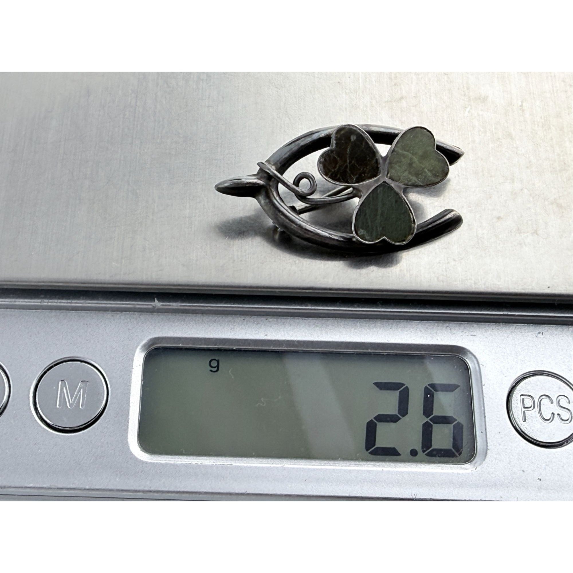 Vintage Sterling Silver Connemara Marble Shamrock Lucky Wishbone Pin 2.6g 1.25In