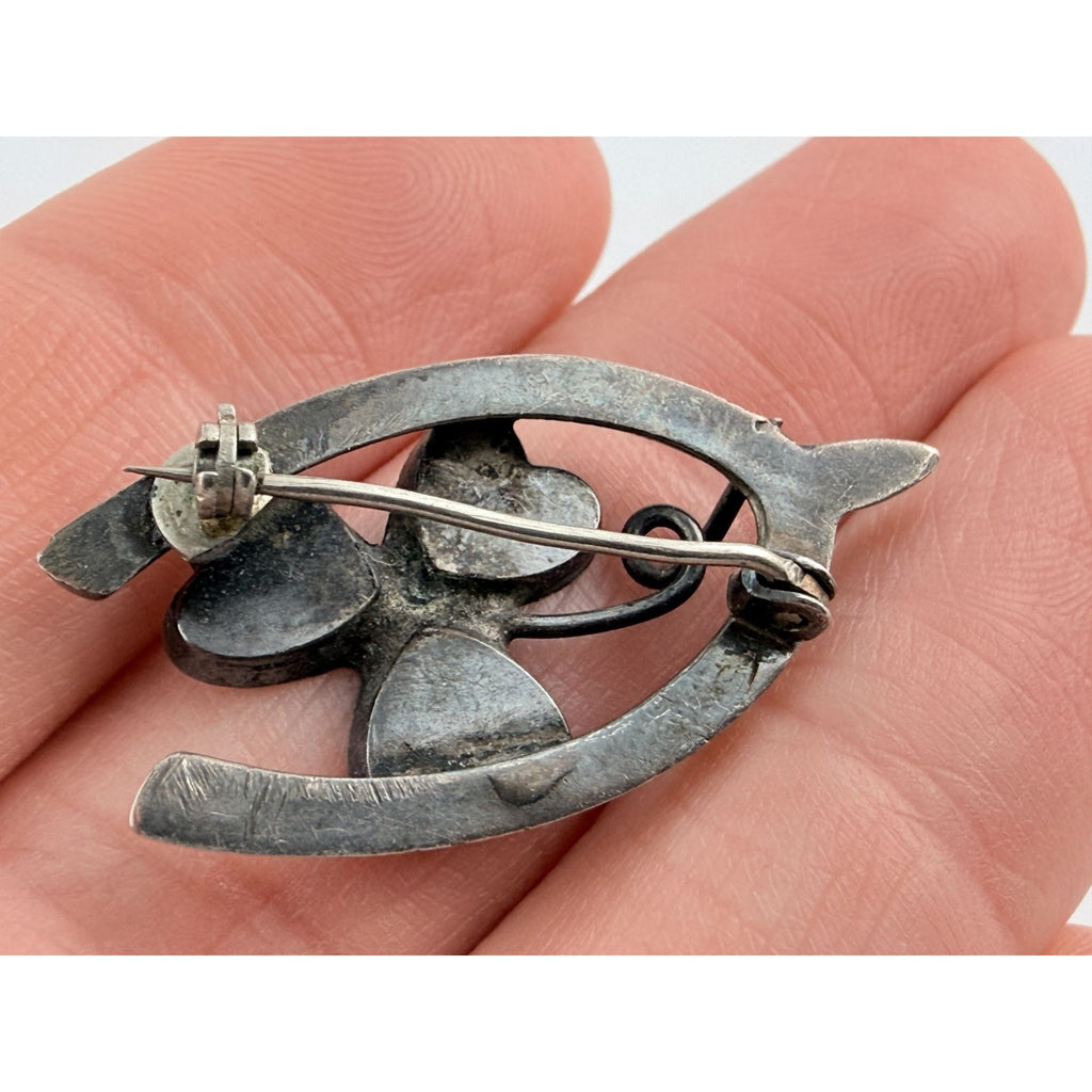 Vintage Sterling Silver Connemara Marble Shamrock Lucky Wishbone Pin 2.6g 1.25In