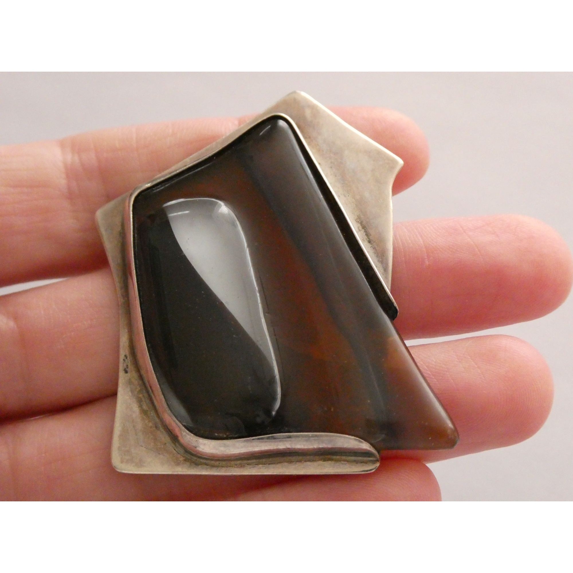 Vintage Modernist Signed N Sterling Silver Freeform Glass Brooch Pin 27g 56mm
