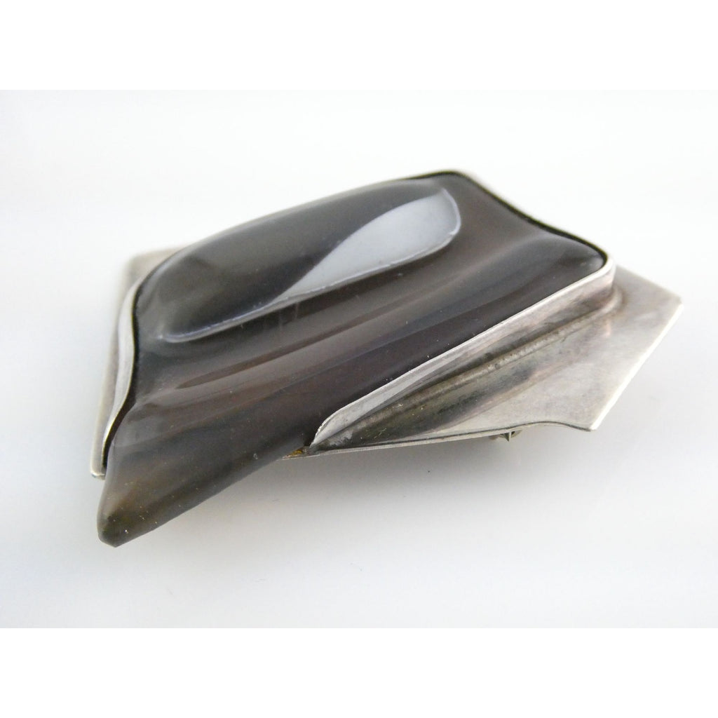 Vintage Modernist Signed N Sterling Silver Freeform Glass Brooch Pin 27g 56mm
