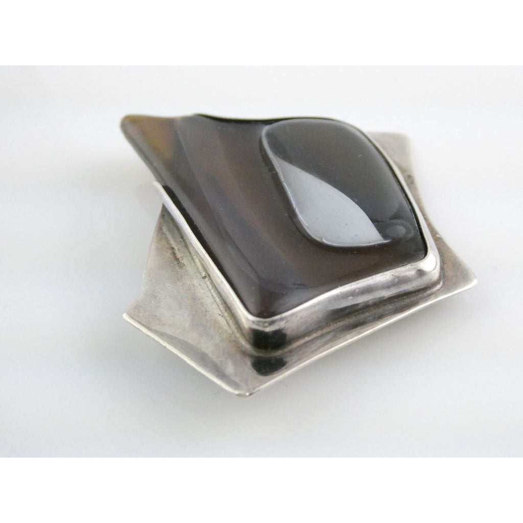 Vintage Modernist Signed N Sterling Silver Freeform Glass Brooch Pin 27g 56mm
