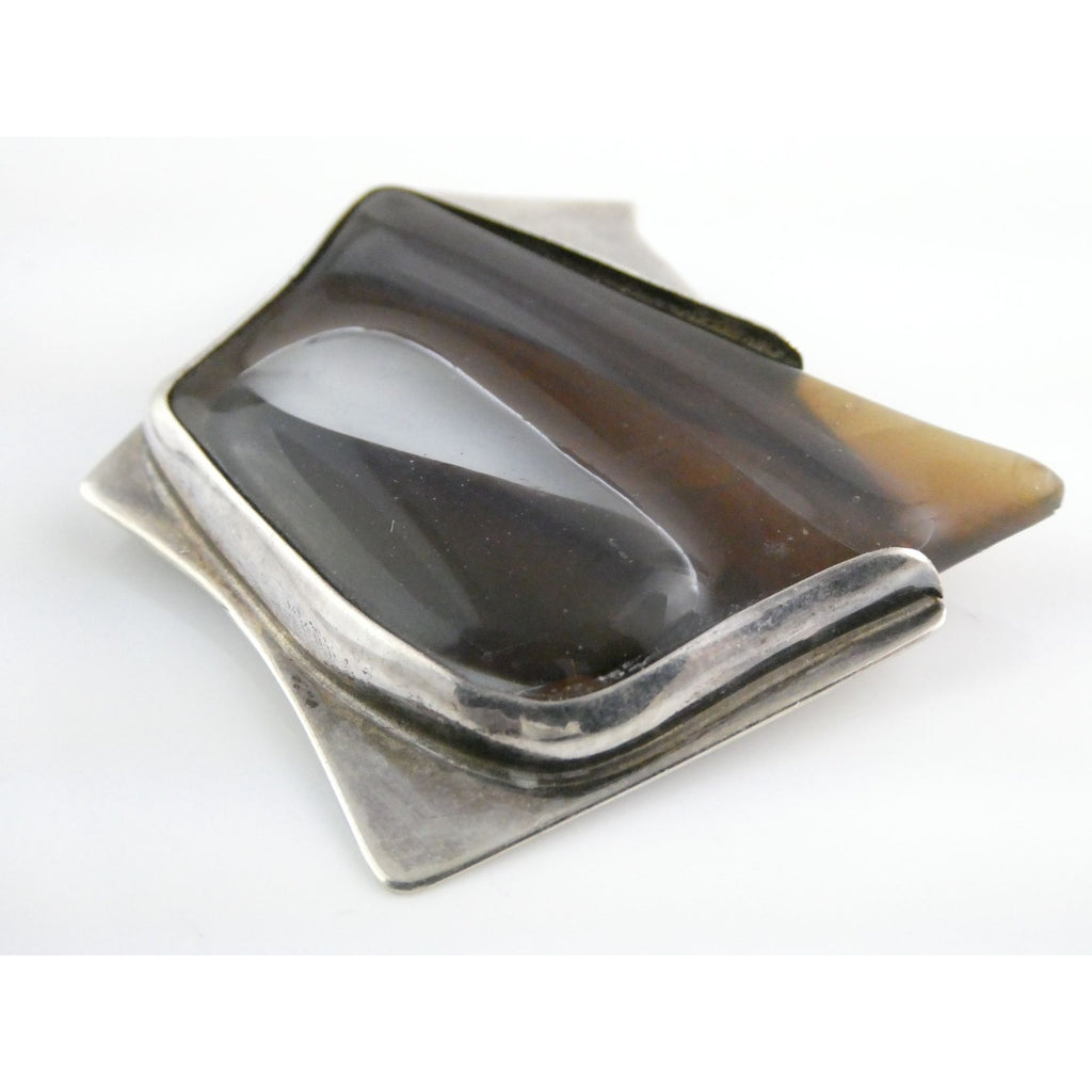 Vintage Modernist Signed N Sterling Silver Freeform Glass Brooch Pin 27g 56mm