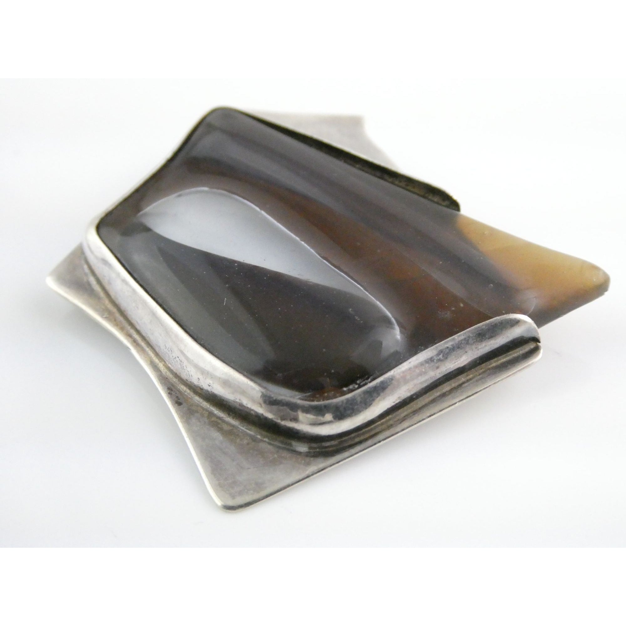 Vintage Modernist Signed N Sterling Silver Freeform Glass Brooch Pin 27g 56mm