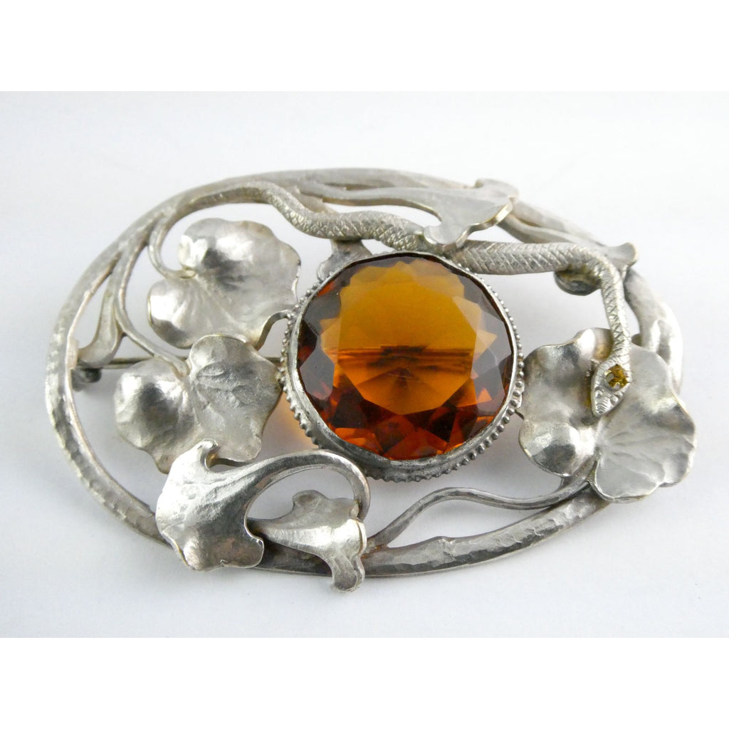 Antique Art Nouveau Sterling Silver Orange Glass Snake Brooch Pin Arts & Crafts