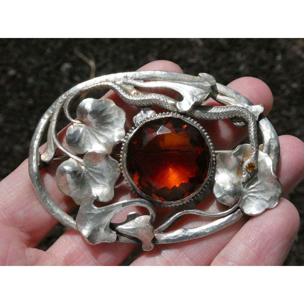Antique Art Nouveau Sterling Silver Orange Glass Snake Brooch Pin Arts & Crafts