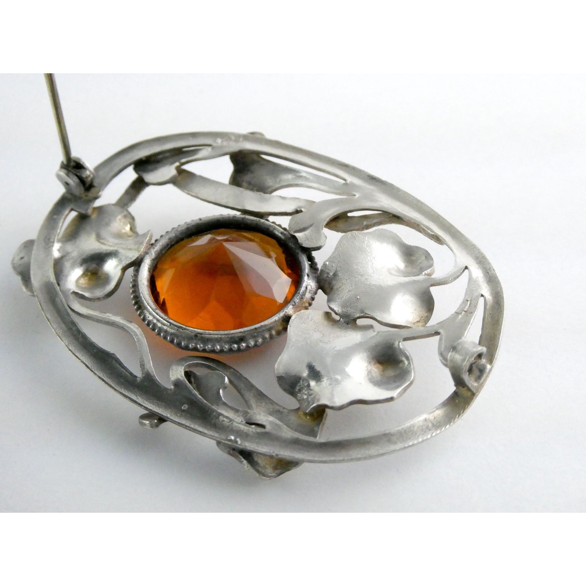 Antique Art Nouveau Sterling Silver Orange Glass Snake Brooch Pin Arts & Crafts