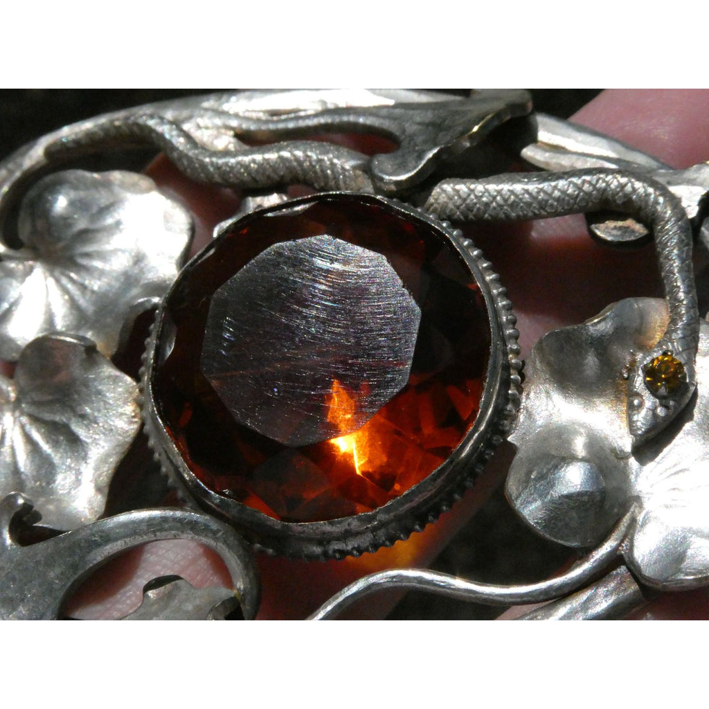 Antique Art Nouveau Sterling Silver Orange Glass Snake Brooch Pin Arts & Crafts