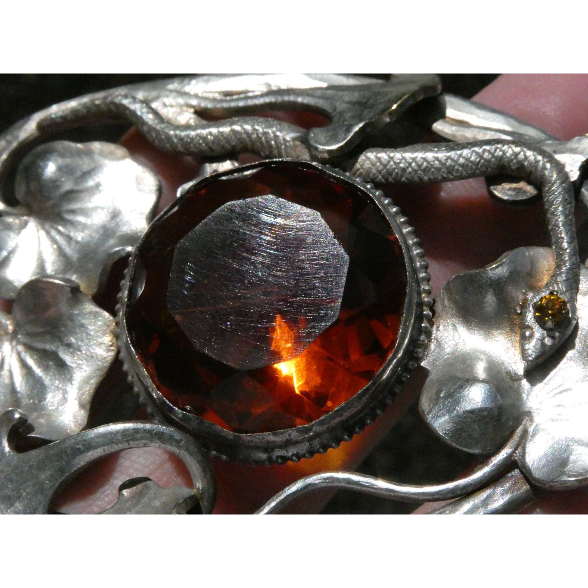 Antique Art Nouveau Sterling Silver Orange Glass Snake Brooch Pin Arts & Crafts