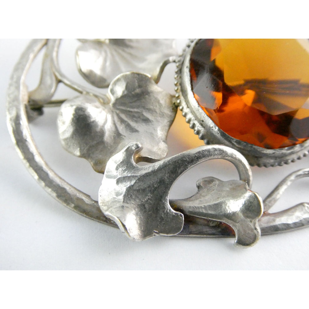Antique Art Nouveau Sterling Silver Orange Glass Snake Brooch Pin Arts & Crafts