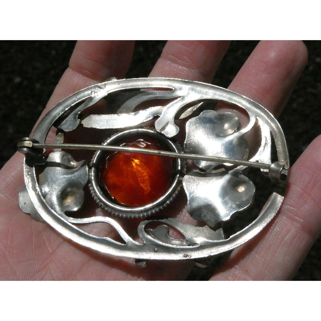 Antique Art Nouveau Sterling Silver Orange Glass Snake Brooch Pin Arts & Crafts