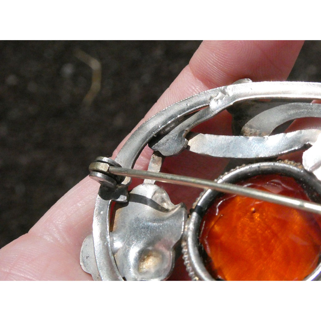 Antique Art Nouveau Sterling Silver Orange Glass Snake Brooch Pin Arts & Crafts