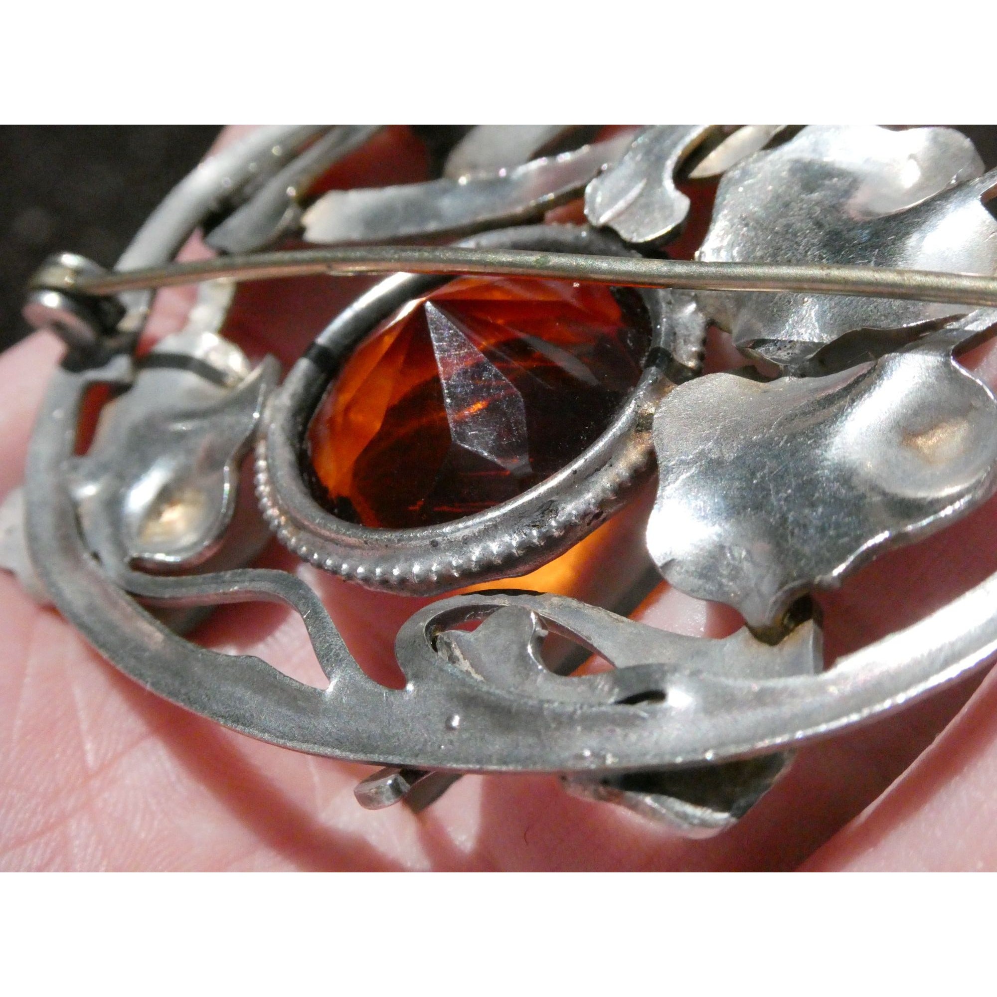 Antique Art Nouveau Sterling Silver Orange Glass Snake Brooch Pin Arts & Crafts