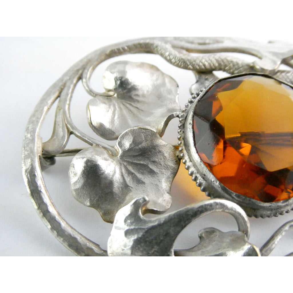 Antique Art Nouveau Sterling Silver Orange Glass Snake Brooch Pin Arts & Crafts