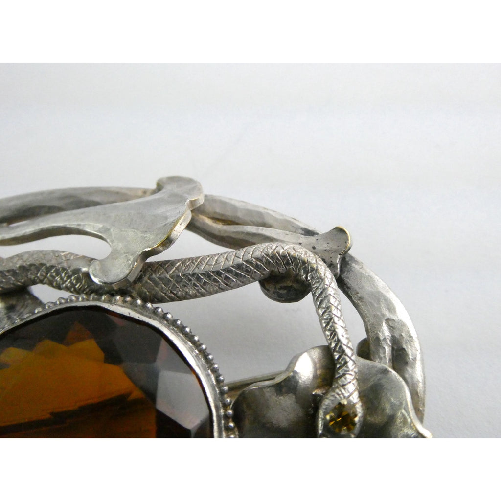 Antique Art Nouveau Sterling Silver Orange Glass Snake Brooch Pin Arts & Crafts