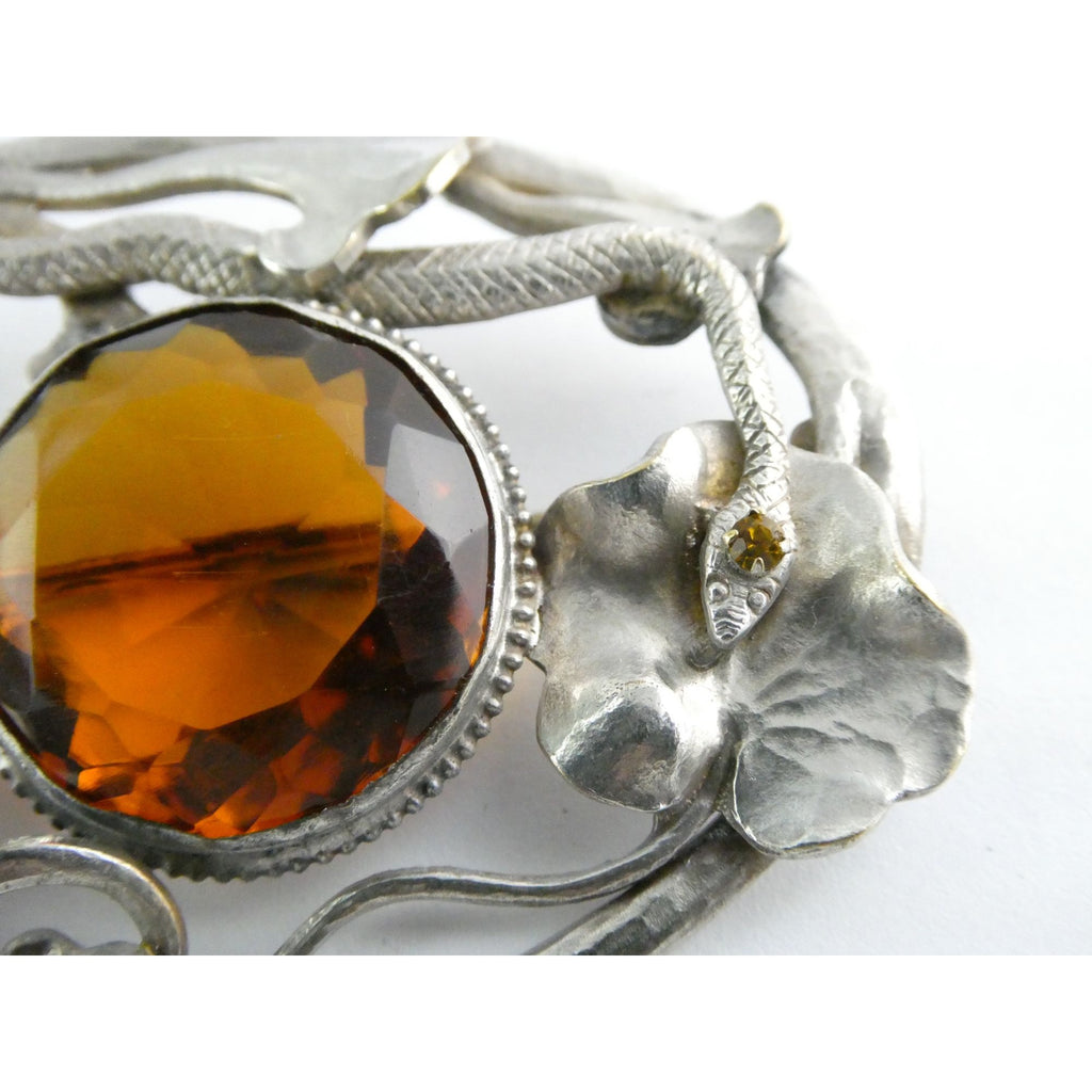 Antique Art Nouveau Sterling Silver Orange Glass Snake Brooch Pin Arts & Crafts