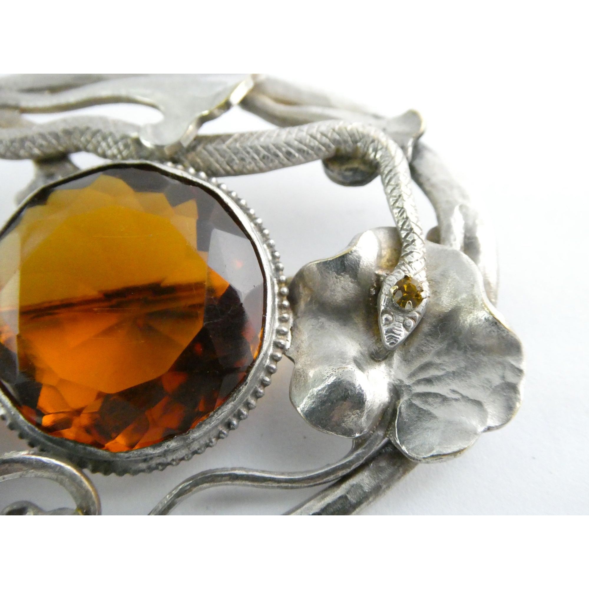 Antique Art Nouveau Sterling Silver Orange Glass Snake Brooch Pin Arts & Crafts