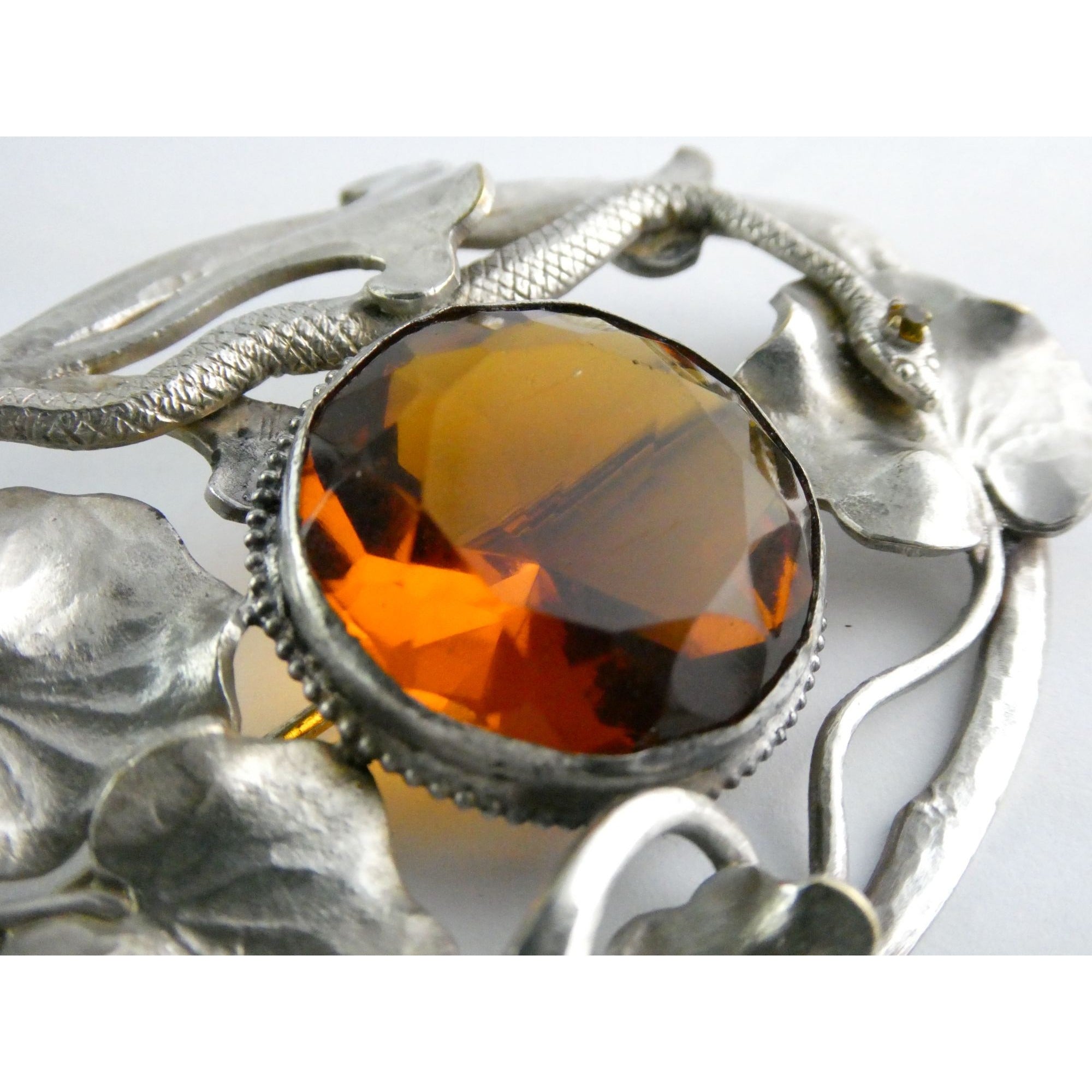 Antique Art Nouveau Sterling Silver Orange Glass Snake Brooch Pin Arts & Crafts
