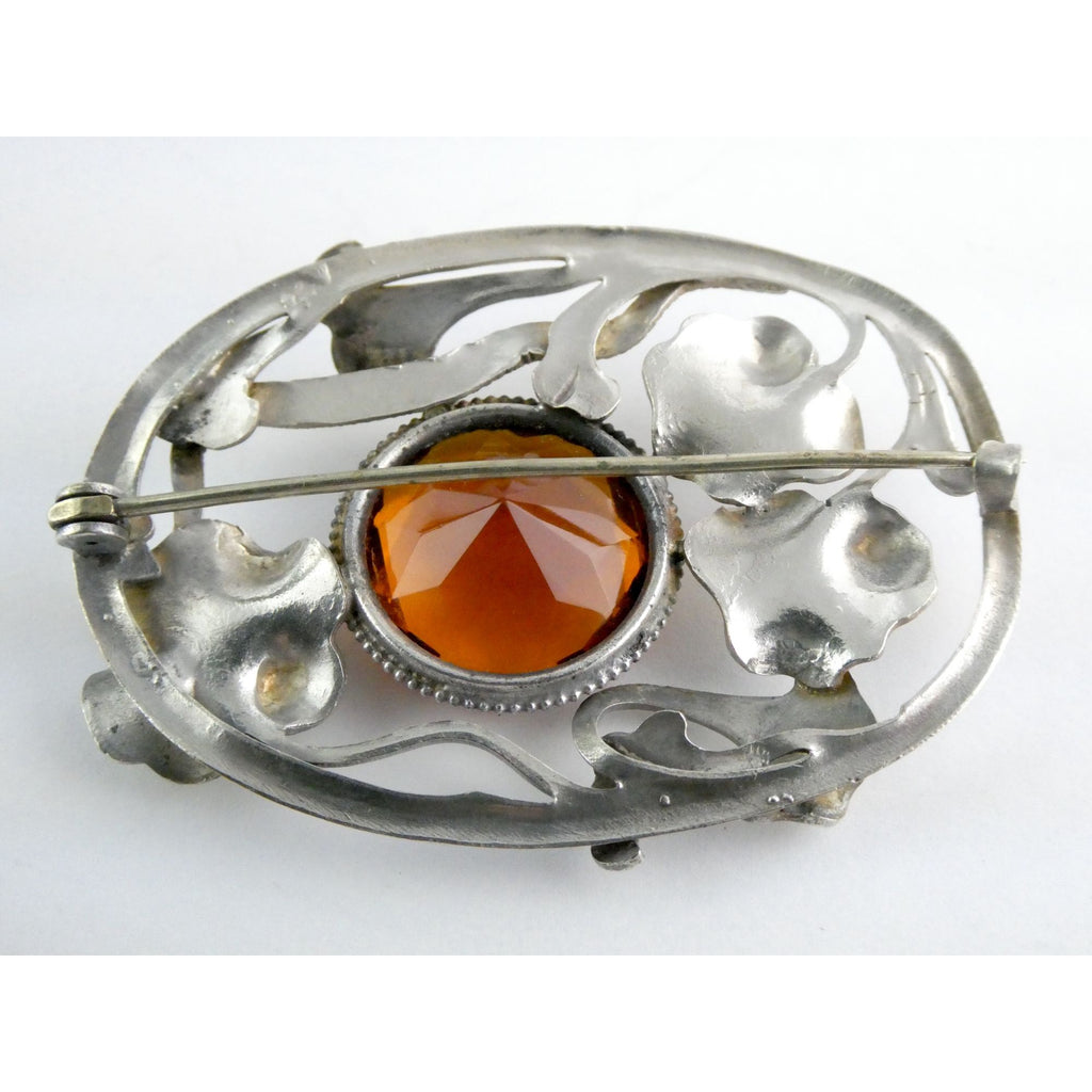 Antique Art Nouveau Sterling Silver Orange Glass Snake Brooch Pin Arts & Crafts
