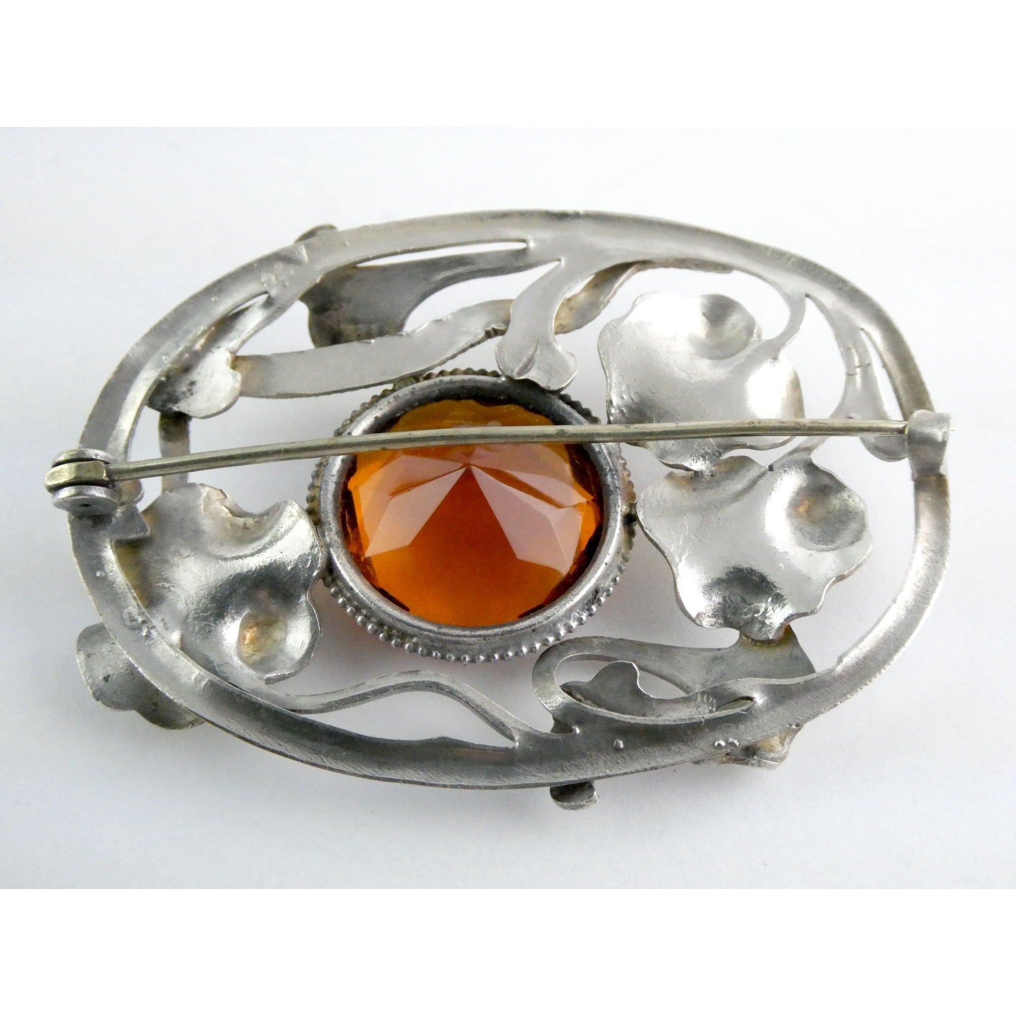 Antique Art Nouveau Sterling Silver Orange Glass Snake Brooch Pin Arts & Crafts