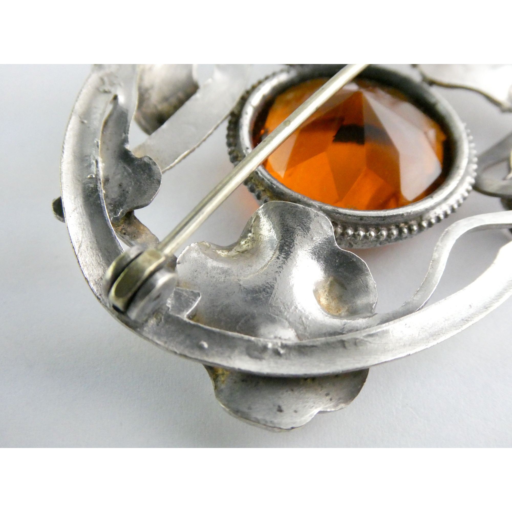Antique Art Nouveau Sterling Silver Orange Glass Snake Brooch Pin Arts & Crafts