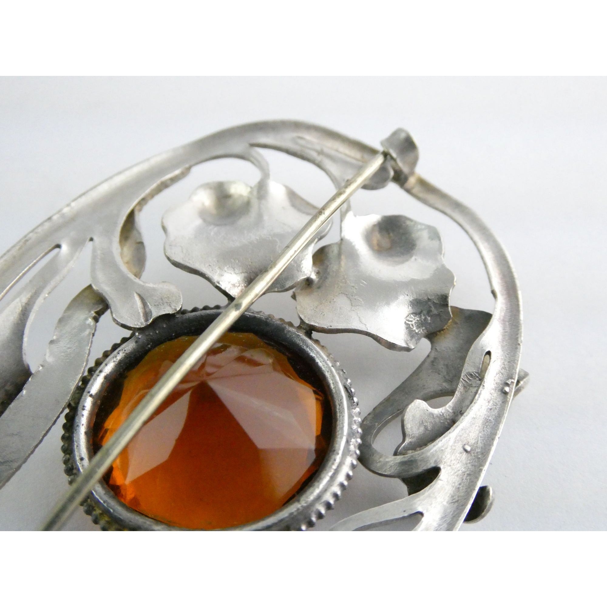 Antique Art Nouveau Sterling Silver Orange Glass Snake Brooch Pin Arts & Crafts