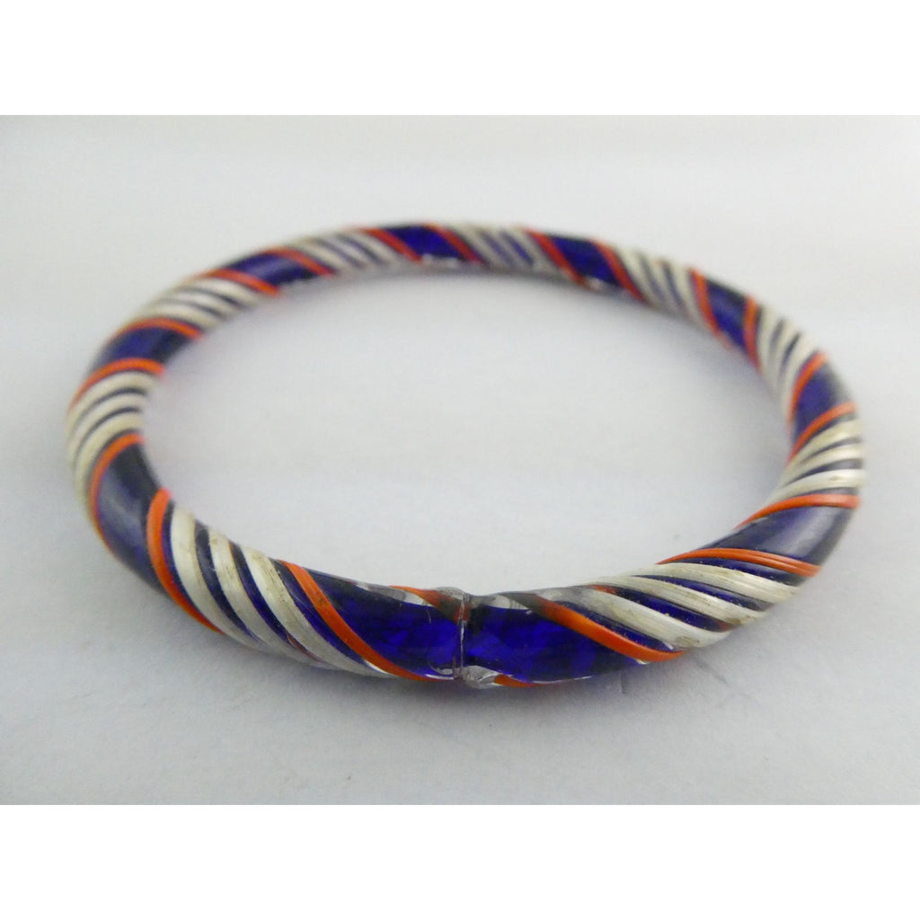 Vintage Art Glass Twirled Lined Design Blue Bangle Bracelet 8 Inches Small CHIP