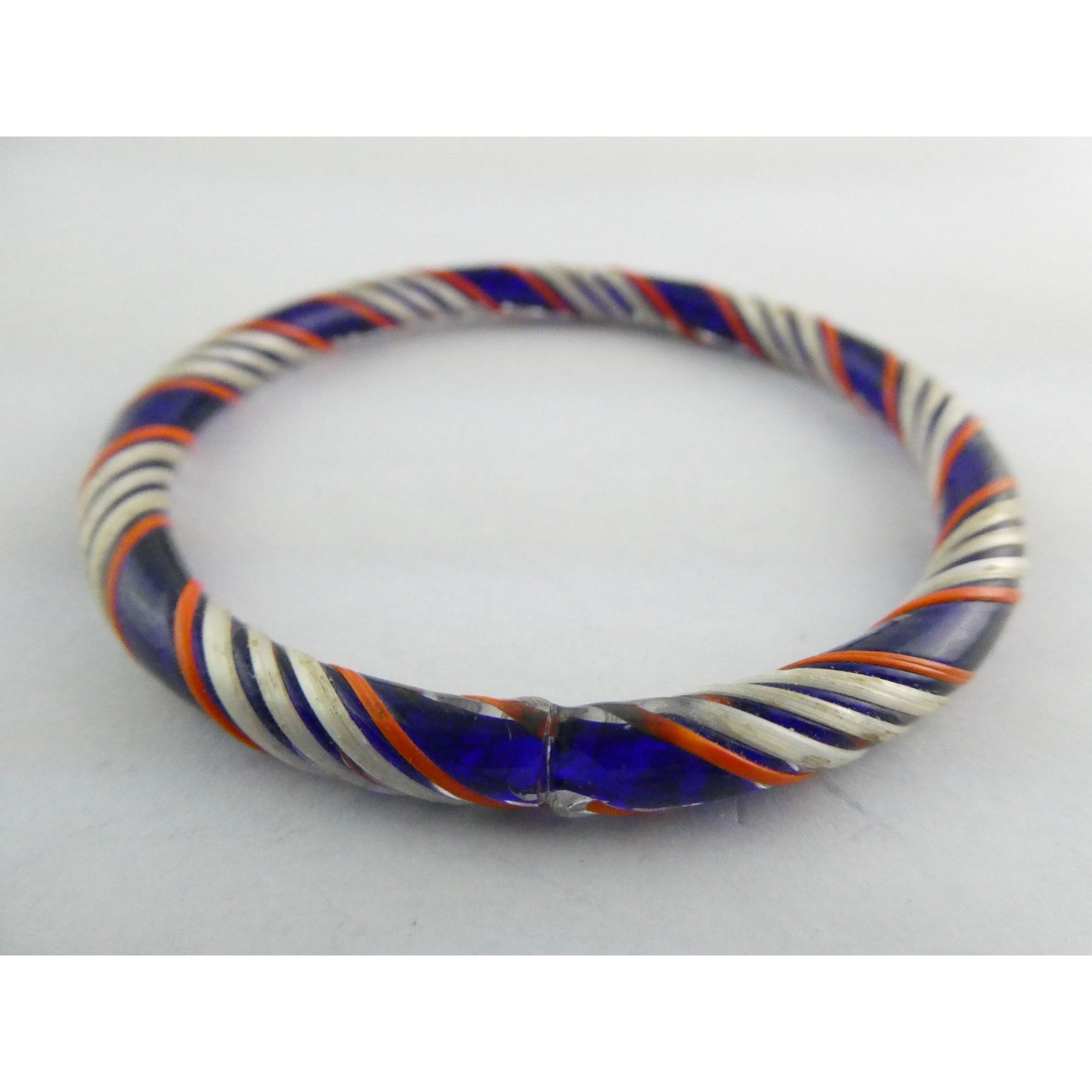 Vintage Art Glass Twirled Lined Design Blue Bangle Bracelet 8 Inches Small CHIP