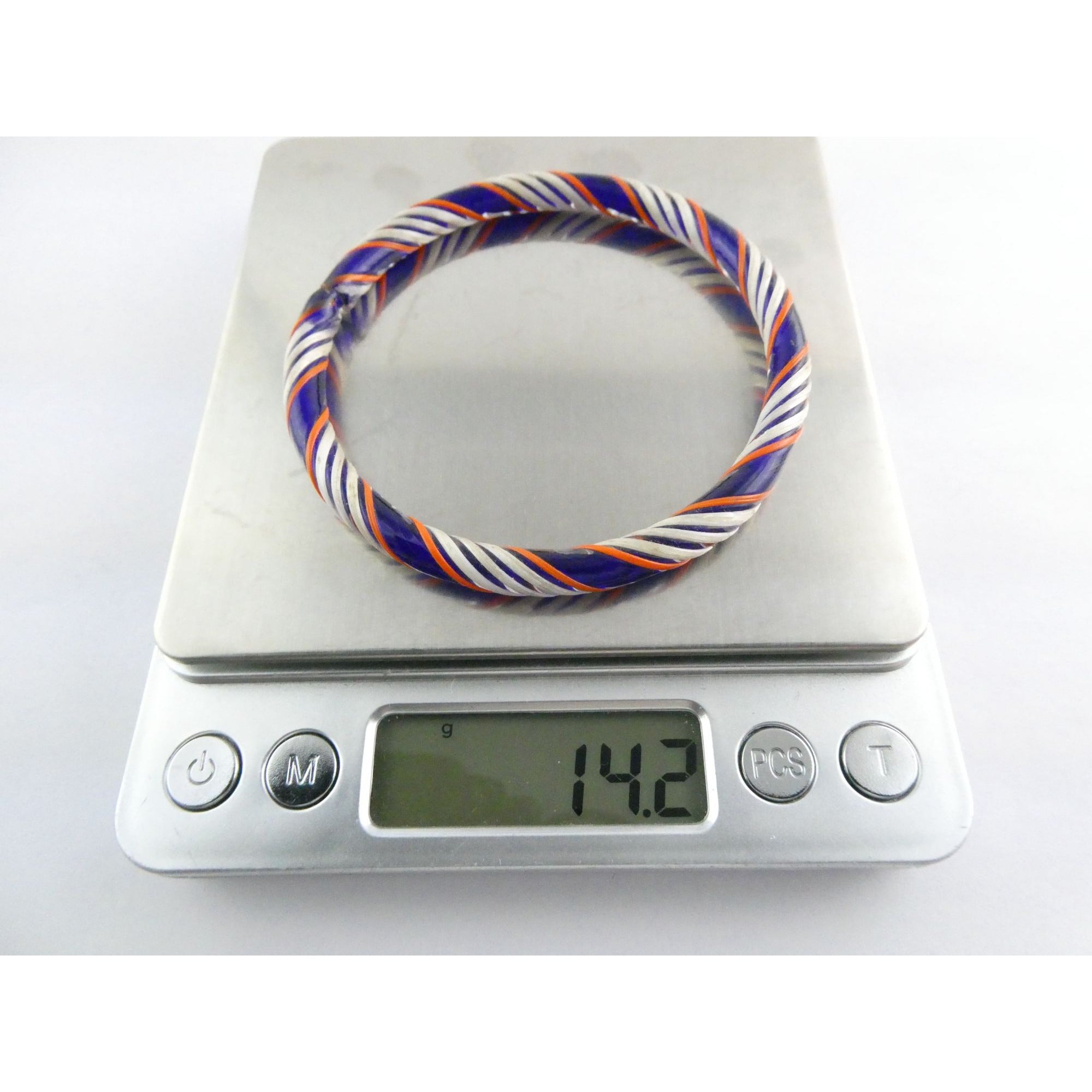 Vintage Art Glass Twirled Lined Design Blue Bangle Bracelet 8 Inches Small CHIP