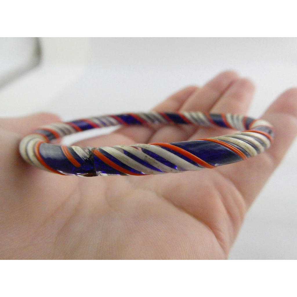 Vintage Art Glass Twirled Lined Design Blue Bangle Bracelet 8 Inches Small CHIP