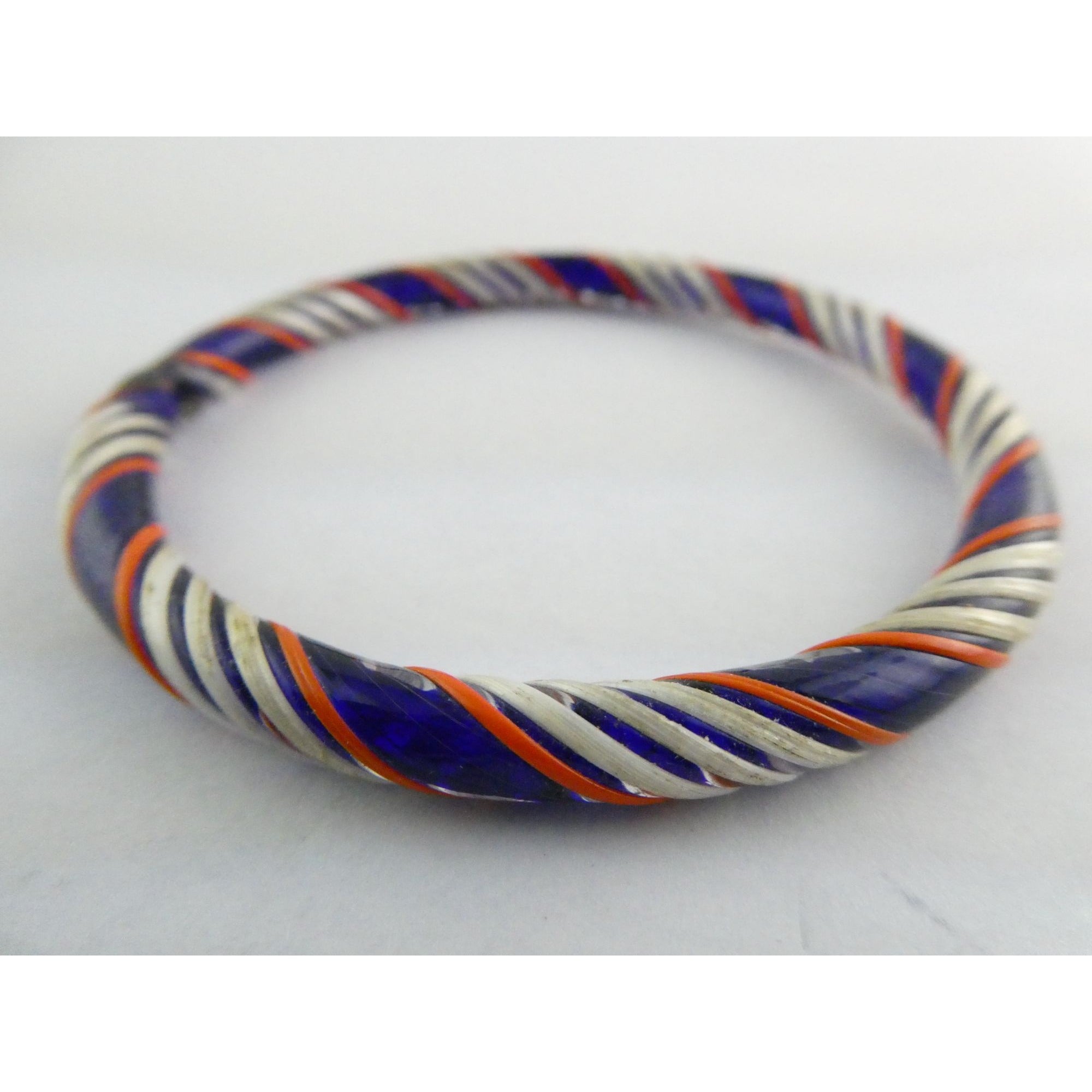 Vintage Art Glass Twirled Lined Design Blue Bangle Bracelet 8 Inches Small CHIP