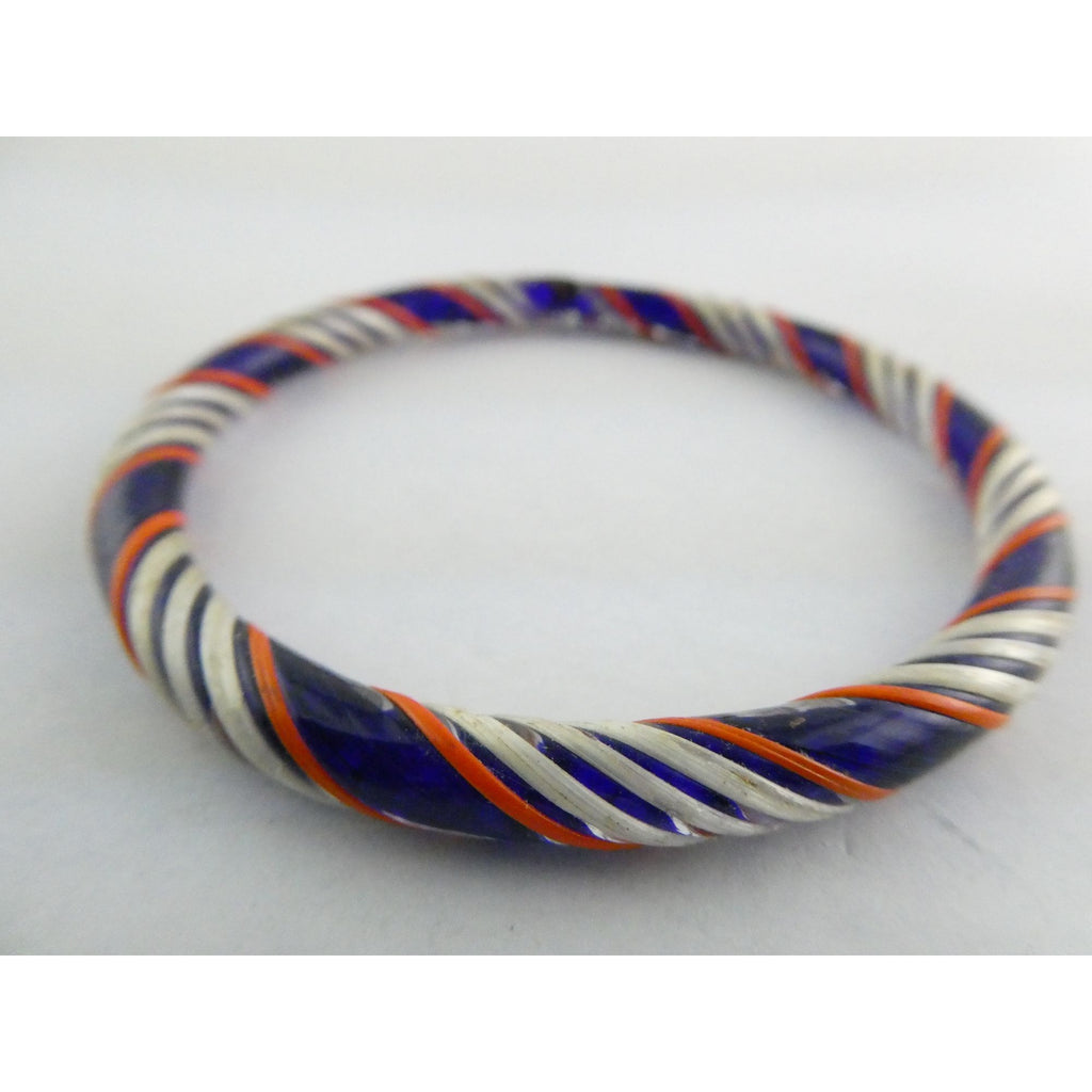 Vintage Art Glass Twirled Lined Design Blue Bangle Bracelet 8 Inches Small CHIP